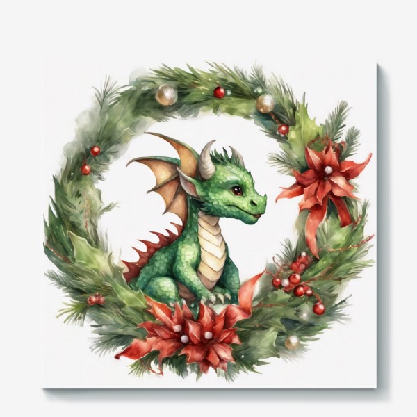 Холст «Зеленый фантазийный дракон в новогоднем венке. Новый год 2024»