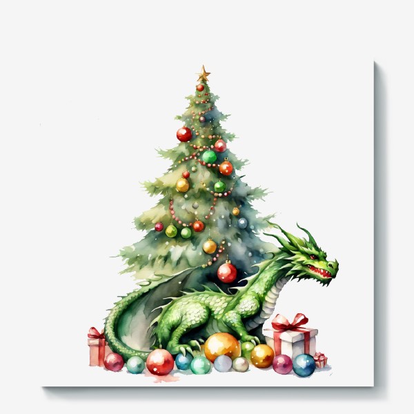 Холст «Дракон сидит на подарках и шарах возле новогодней елки, Новый год 2024»