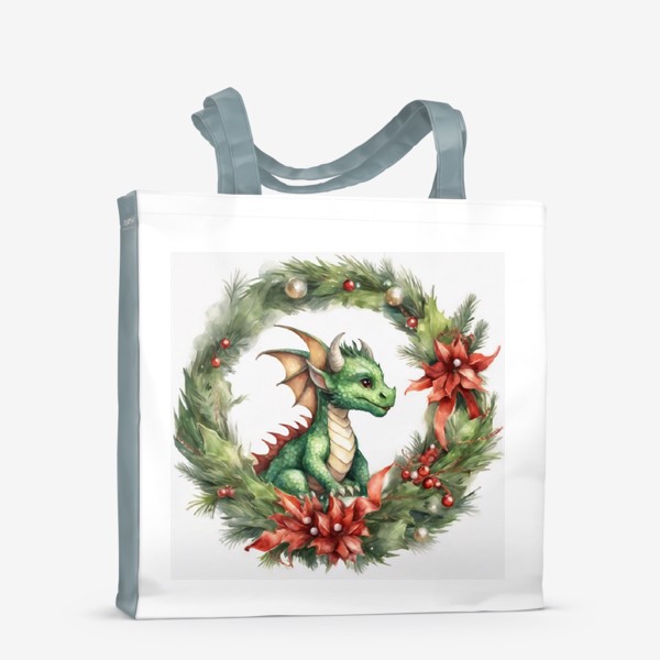 Сумка-шоппер &laquo;Зеленый фантазийный дракон в новогоднем венке. Новый год 2024&raquo;