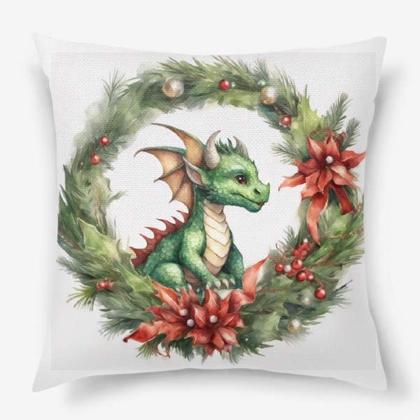 Подушка «Зеленый фантазийный дракон в новогоднем венке. Новый год 2024»