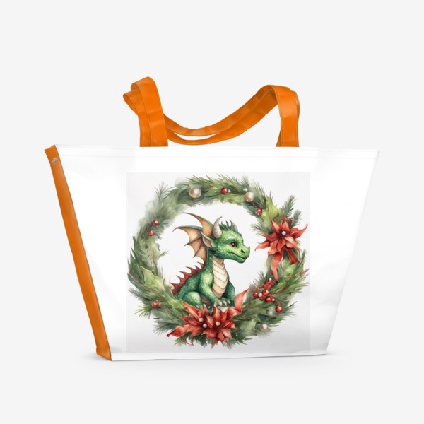Пляжная сумка &laquo;Зеленый фантазийный дракон в новогоднем венке. Новый год 2024&raquo;
