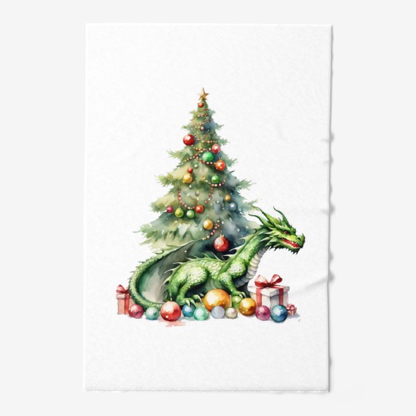 Полотенце «Дракон сидит на подарках и шарах возле новогодней елки, Новый год 2024»