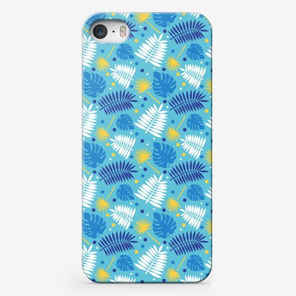 Чехол iPhone «Яркий бирюзовый паттерн с пальмами, летний дизайн.»