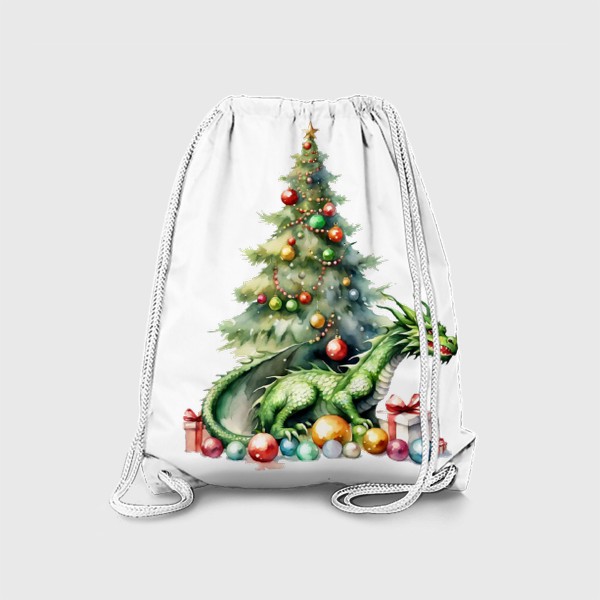 Рюкзак «Дракон сидит на подарках и шарах возле новогодней елки, Новый год 2024»