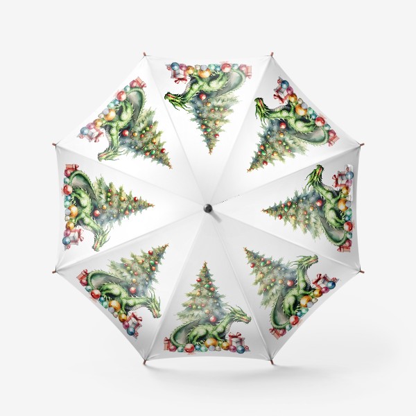 Зонт «Дракон сидит на подарках и шарах возле новогодней елки, Новый год 2024»