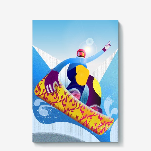 Холст &laquo;Яркий спортивный принт со сноубордистом на доске в горах, зимние виды спорта&raquo;