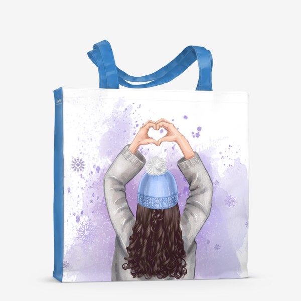 Сумка-шоппер «Девушка с сердцем ,голубая шапка»