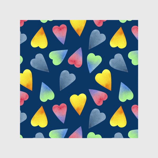 Шторы «Цветные акварельные сердечки на синем фоне»