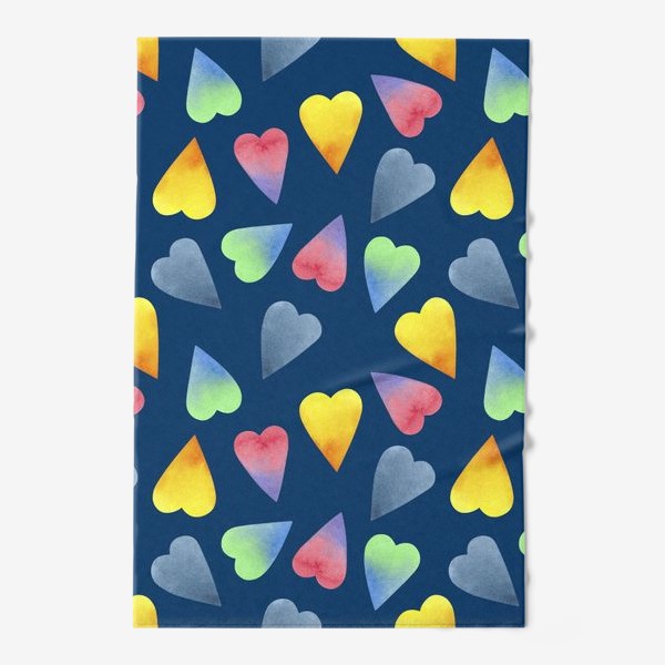 Полотенце «Цветные акварельные сердечки на синем фоне»