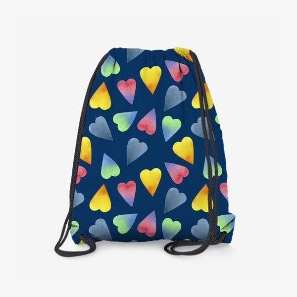 Рюкзак «Цветные акварельные сердечки на синем фоне»