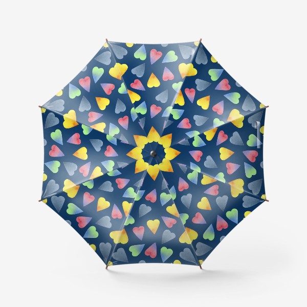 Зонт &laquo;Цветные акварельные сердечки на синем фоне&raquo;