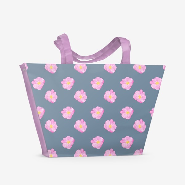Пляжная сумка «Розовые акварельные пионы на серо-голубом фоне»