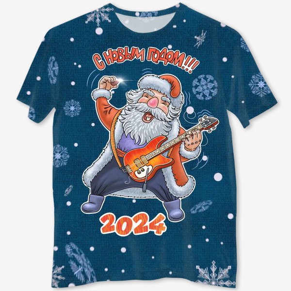 Футболка с полной запечаткой «Дед Мороз играет на рок гитаре »