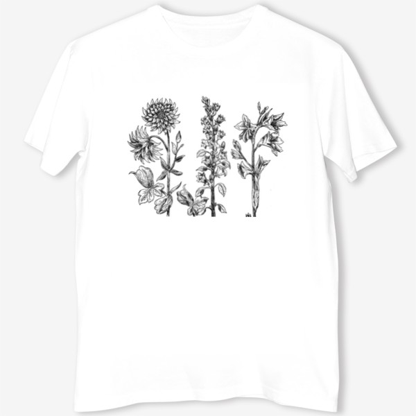 Футболка &laquo;Винтажные цветы, ботаническая иллюстрация в черно-белой графике&raquo;