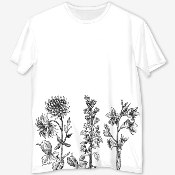 Футболка с полной запечаткой &laquo;Винтажные цветы, ботаническая иллюстрация в черно-белой графике&raquo;