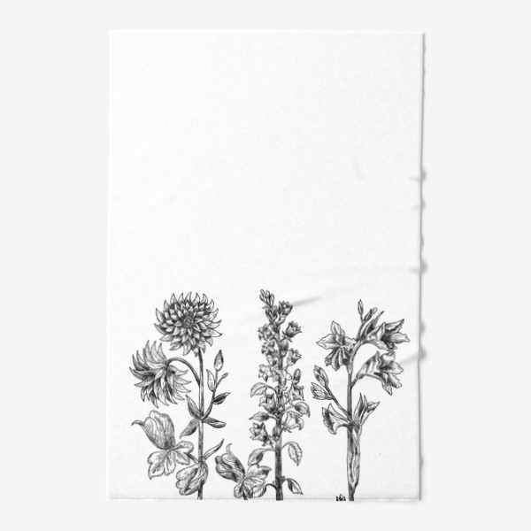 Полотенце «Винтажные цветы, ботаническая иллюстрация в черно-белой графике»