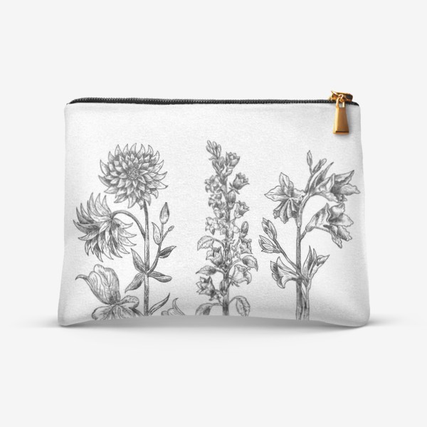 Косметичка &laquo;Винтажные цветы, ботаническая иллюстрация в черно-белой графике&raquo;