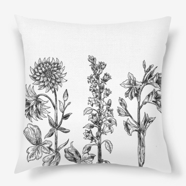 Подушка «Винтажные цветы, ботаническая иллюстрация в черно-белой графике»