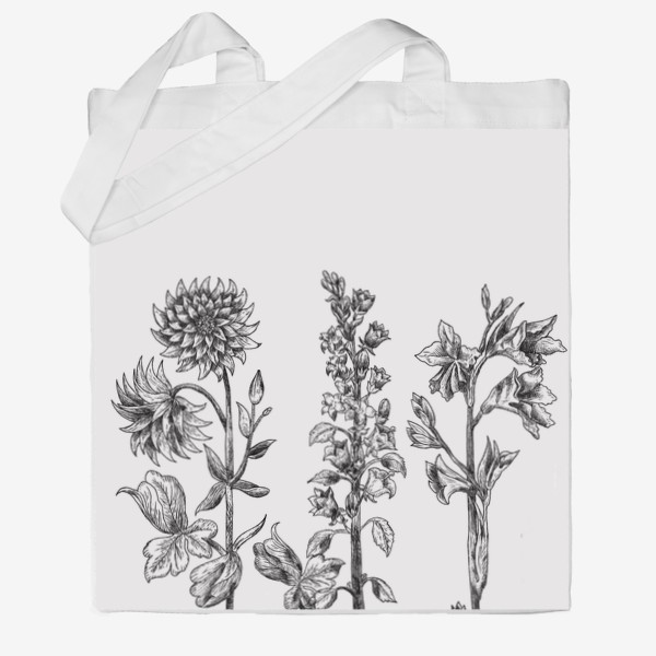 Сумка хб &laquo;Винтажные цветы, ботаническая иллюстрация в черно-белой графике&raquo;