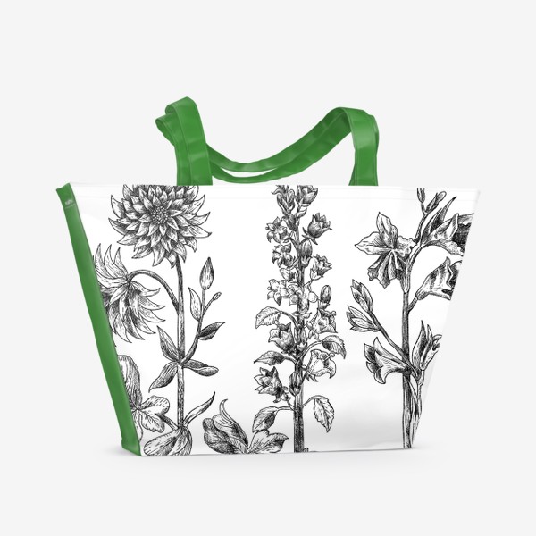 Пляжная сумка «Винтажные цветы, ботаническая иллюстрация в черно-белой графике»