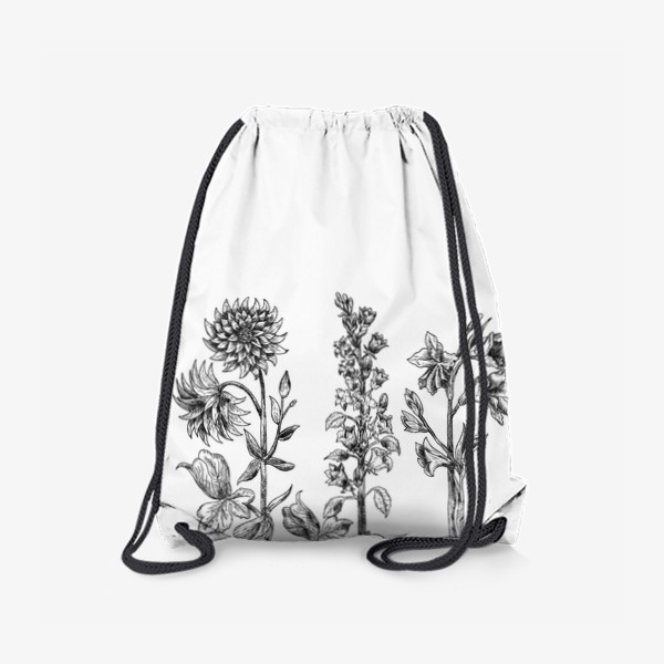 Рюкзак «Винтажные цветы, ботаническая иллюстрация в черно-белой графике»