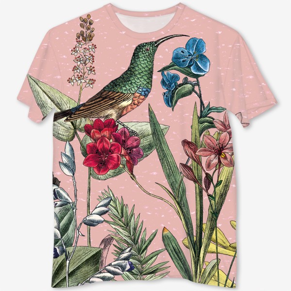 Футболка с полной запечаткой «Винтажные цветы, ботаническая иллюстрация с птицей колибри»