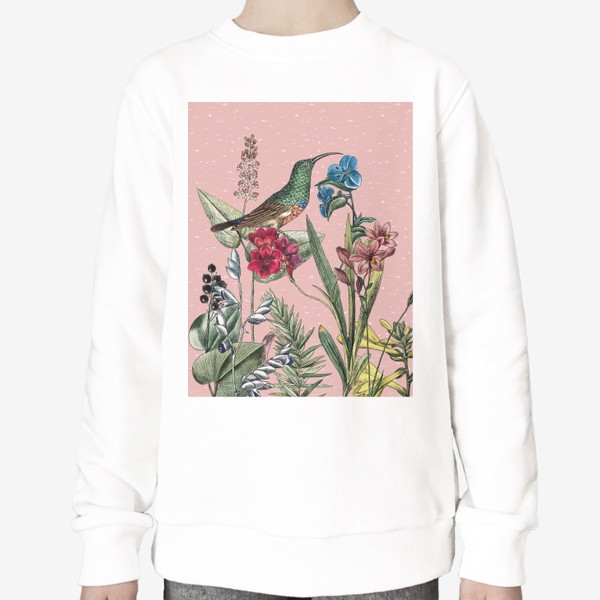 Свитшот «Винтажные цветы, ботаническая иллюстрация с птицей колибри»