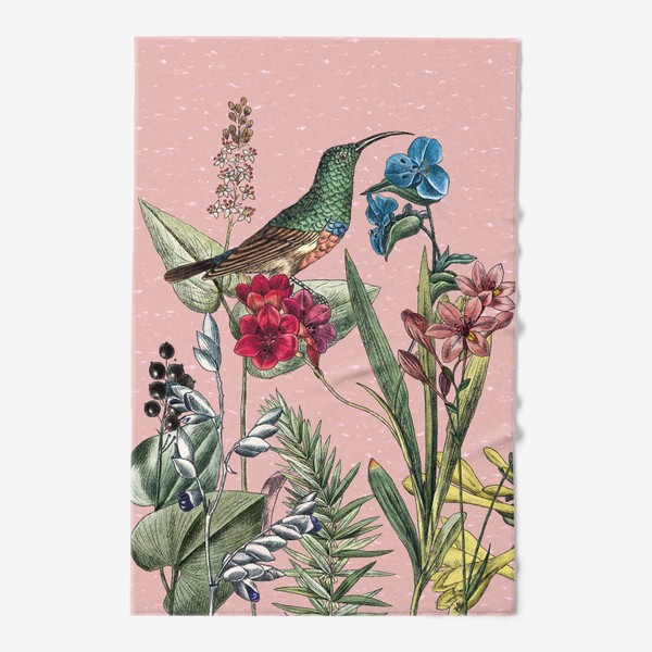 Полотенце «Винтажные цветы, ботаническая иллюстрация с птицей колибри»