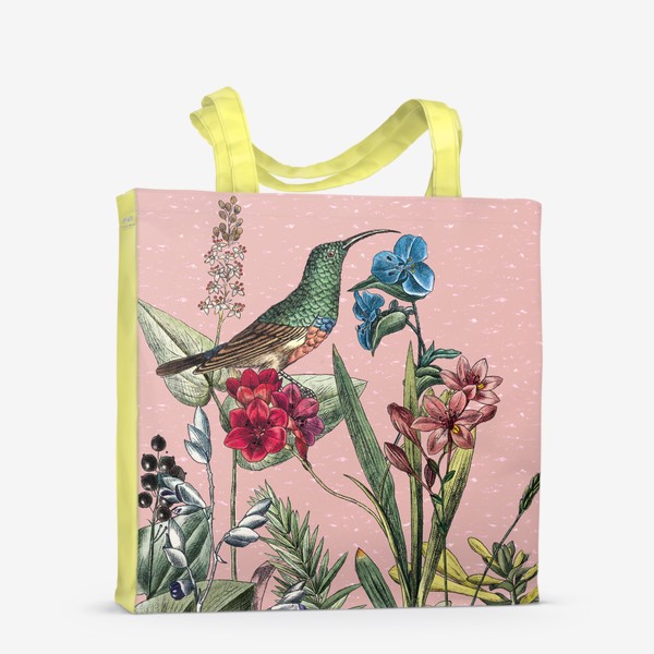 Сумка-шоппер «Винтажные цветы, ботаническая иллюстрация с птицей колибри»