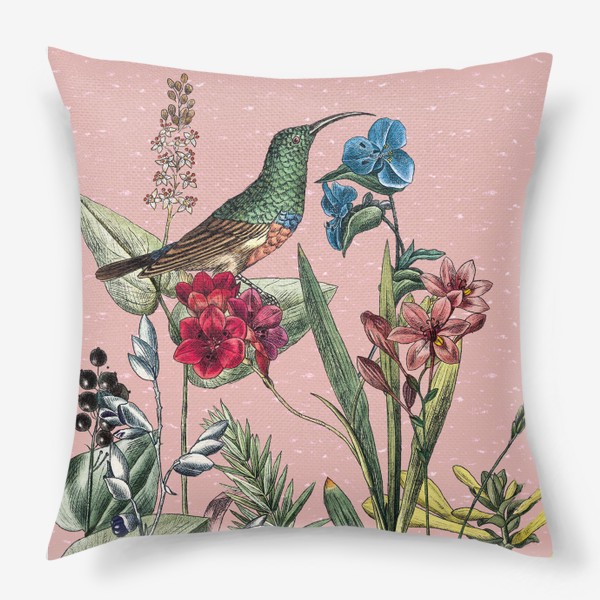 Подушка «Винтажные цветы, ботаническая иллюстрация с птицей колибри»