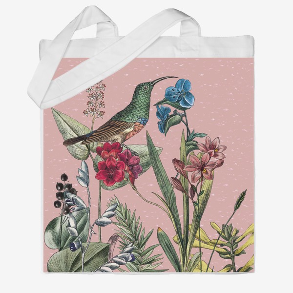 Сумка хб «Винтажные цветы, ботаническая иллюстрация с птицей колибри»