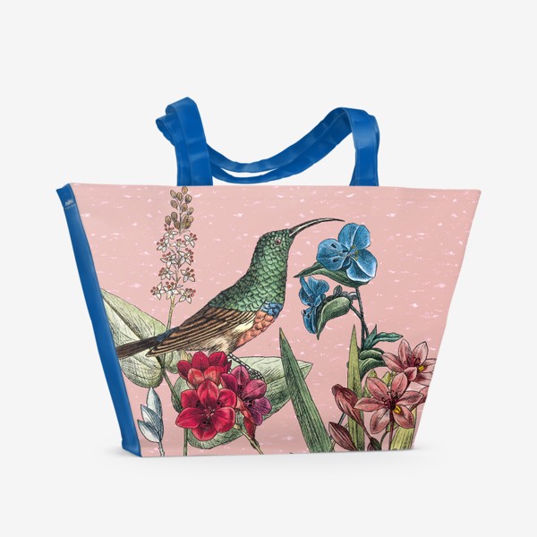 Пляжная сумка «Винтажные цветы, ботаническая иллюстрация с птицей колибри»