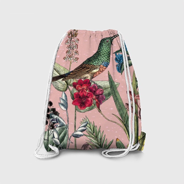 Рюкзак «Винтажные цветы, ботаническая иллюстрация с птицей колибри»