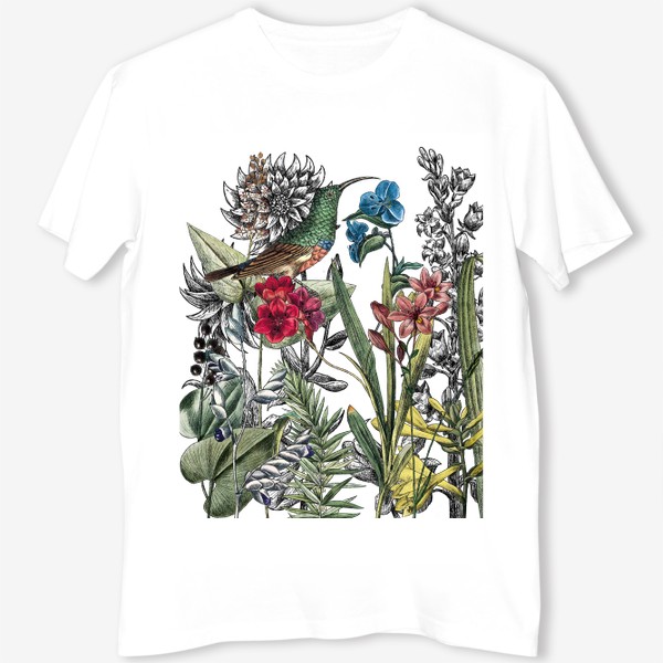 Футболка «Винтажные цветы, ботаническая иллюстрация с птицей колибри»