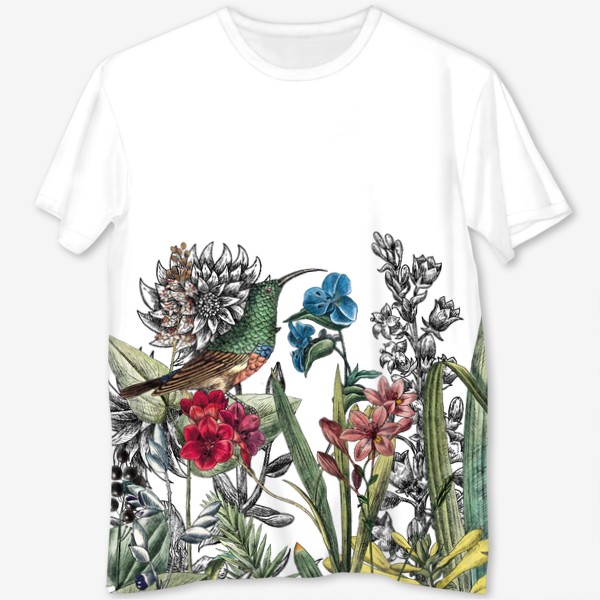 Футболка с полной запечаткой &laquo;Винтажные цветы, ботаническая иллюстрация с птицей колибри&raquo;
