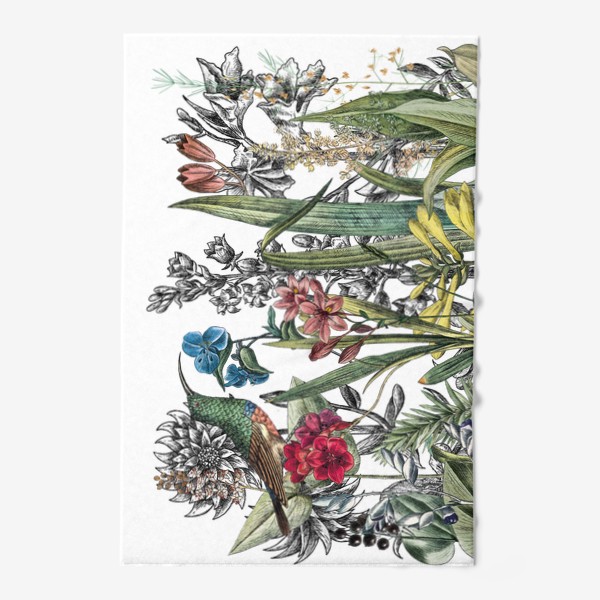 Полотенце «Винтажные цветы, ботаническая иллюстрация с птицей колибри»