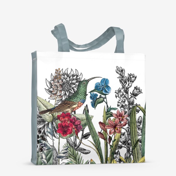 Сумка-шоппер «Винтажные цветы, ботаническая иллюстрация с птицей колибри»