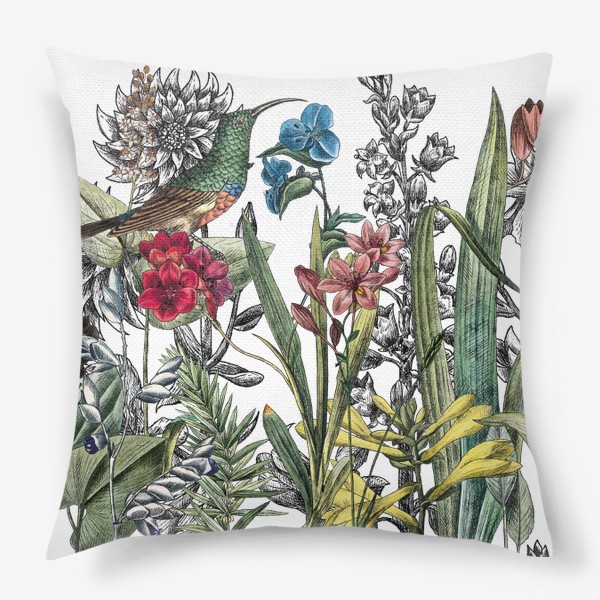 Подушка «Винтажные цветы, ботаническая иллюстрация с птицей колибри»