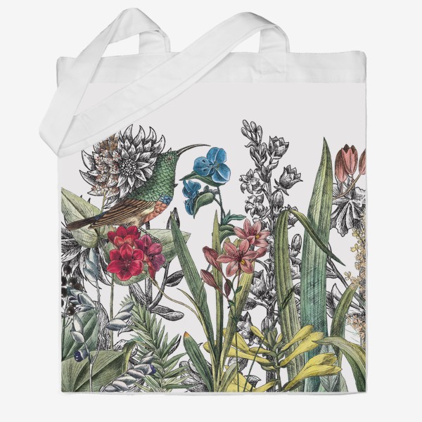 Сумка хб &laquo;Винтажные цветы, ботаническая иллюстрация с птицей колибри&raquo;