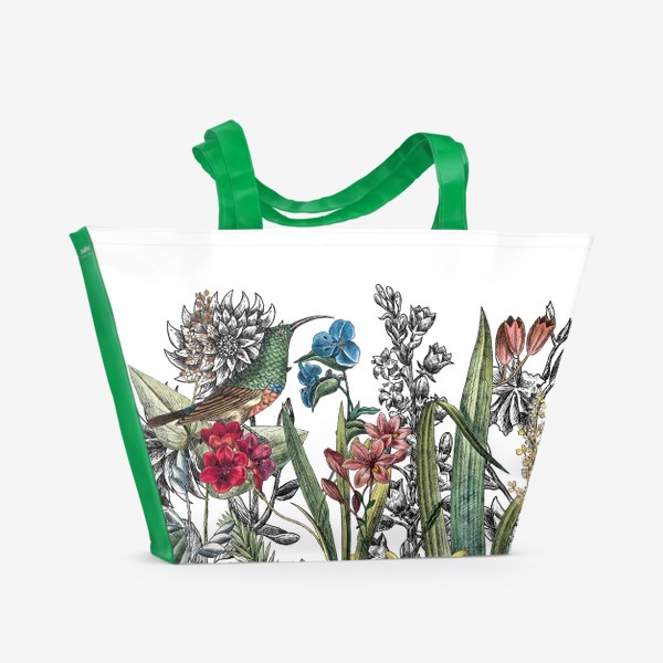 Пляжная сумка &laquo;Винтажные цветы, ботаническая иллюстрация с птицей колибри&raquo;