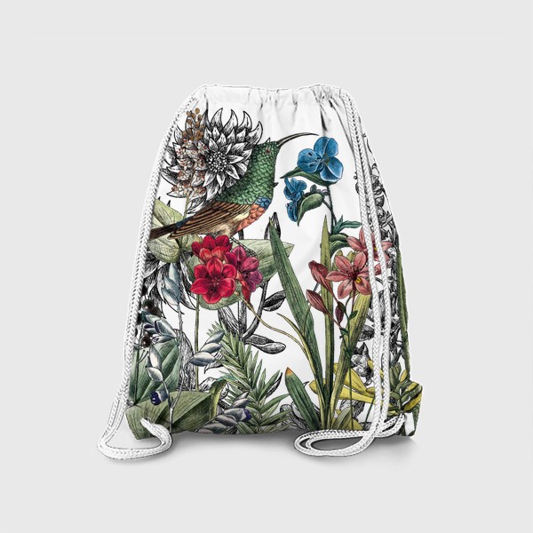 Рюкзак &laquo;Винтажные цветы, ботаническая иллюстрация с птицей колибри&raquo;