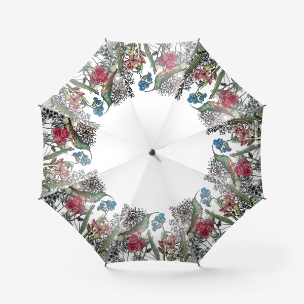 Зонт «Винтажные цветы, ботаническая иллюстрация с птицей колибри»
