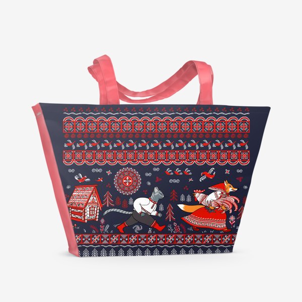 Пляжная сумка &laquo;Кот, лиса и петух из сказки в стиле мезенской росписи&raquo;