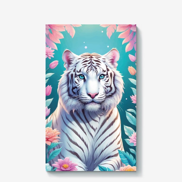 Холст «Красивый белый голубоглазый тигр с яркими цветами, иллюстрация на голубом фоне»