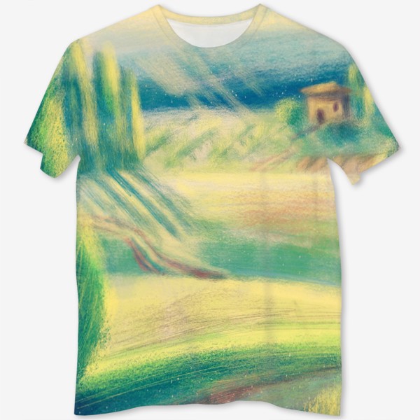 Футболка с полной запечаткой «Дорога домой, авторский принт, летний солнечный пейзажем Тосканы и домиком, карандаш, пастель, графика, красивая картина»