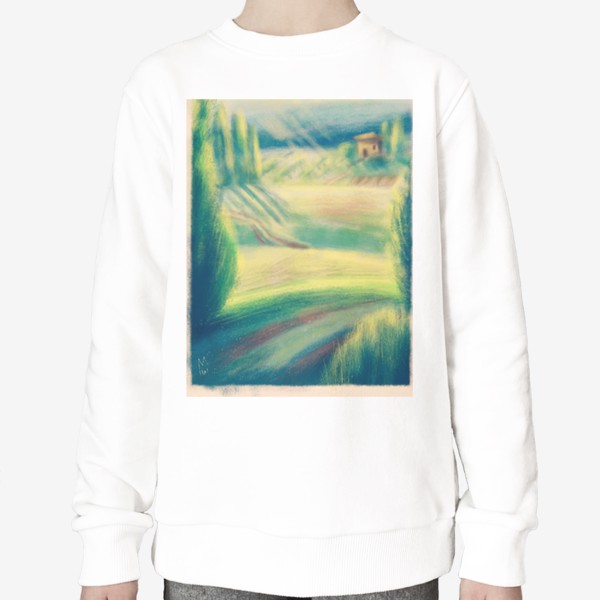 Свитшот «Дорога домой, авторский принт, летний солнечный пейзажем Тосканы и домиком, карандаш, пастель, графика, красивая картина»