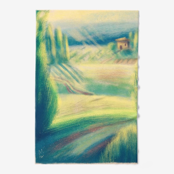 Полотенце «Дорога домой, авторский принт, летний солнечный пейзажем Тосканы и домиком, карандаш, пастель, графика, красивая картина»