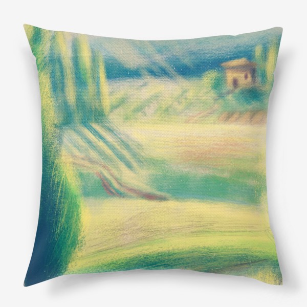 Подушка «Дорога домой, авторский принт, летний солнечный пейзажем Тосканы и домиком, карандаш, пастель, графика, красивая картина»