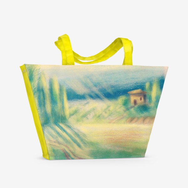 Пляжная сумка «Дорога домой, авторский принт, летний солнечный пейзажем Тосканы и домиком, карандаш, пастель, графика, красивая картина»
