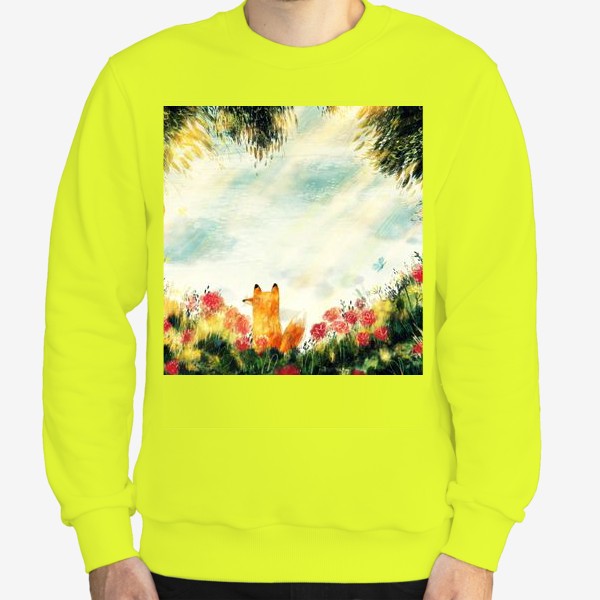 Свитшот «Лисьи тайны, авторский принт с лисенком в цветах, красивая картина в подарок, летний стилизованный пейзаж»
